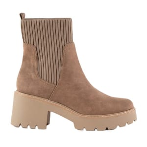 Brown suede ankle boot with a chunky treaded sole and a ribbed elastic side panel.