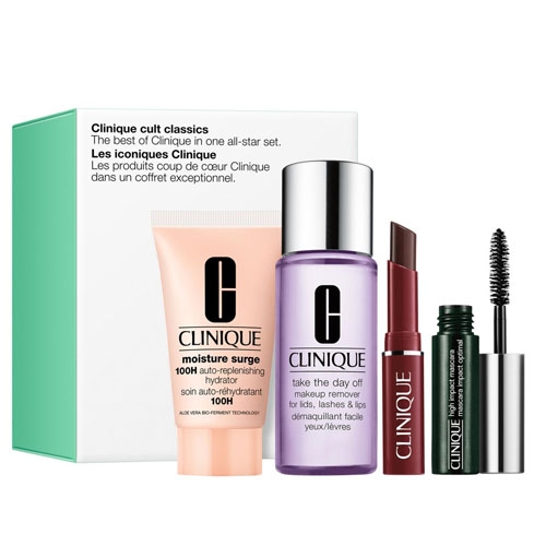 Clinique skincare set with Moisture Surge moisturizer, Take The Day Off makeup remover, and High Impact mascara.