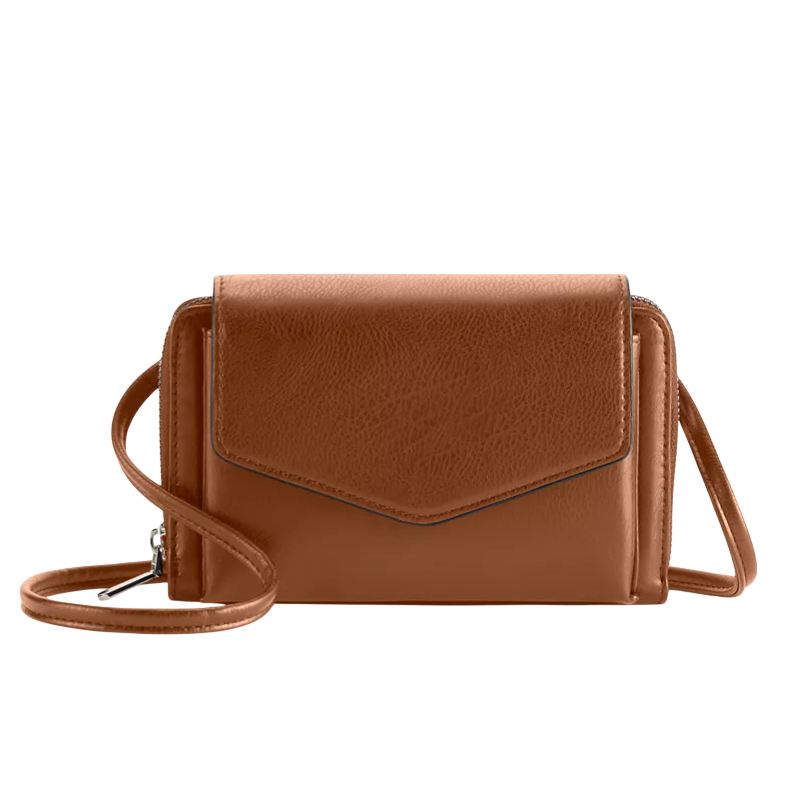 A brown leather crossbody bag with a flap closure and adjustable strap, featuring a compact, rectangular design.