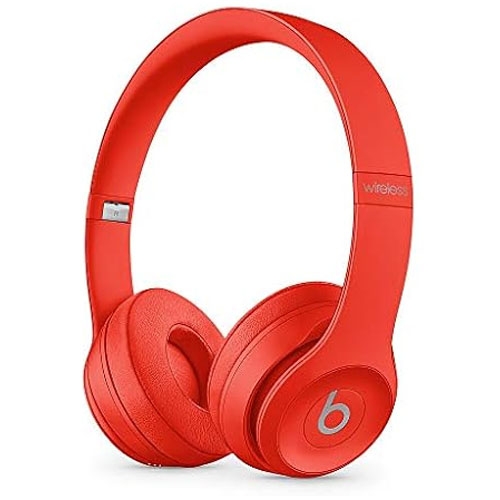 Red wireless over-ear headphones with a prominent \“b\“ logo on the ear cups, featuring cushioned ear pads and a flexible headband.