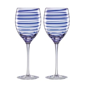 A pair of Kate Spade Charlotte St wine glasses featuring clear glass with horizontal blue stripes, elegantly designed with a long stem.