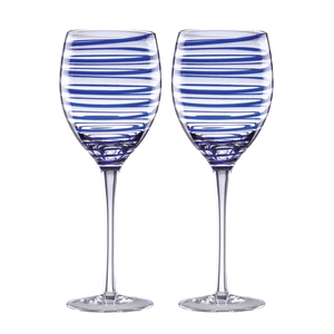 A pair of Kate Spade Charlotte St wine glasses featuring clear glass with horizontal blue stripes, elegantly designed with a long stem.