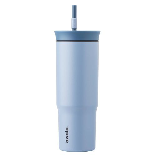 A light blue Owala tumbler with a straw, featuring a sleek design and the brand name printed vertically on the side.