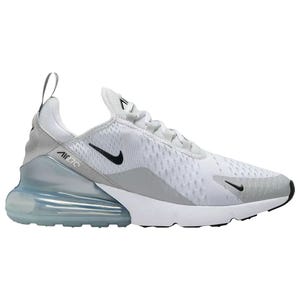 Nike Air Max 270 sneaker in white with silver and black accents, featuring a large visible Air unit in the heel for cushioning and a sleek, mesh design.