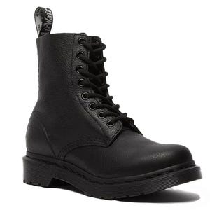 Dr. Martens 1460 Mono Lace Up Boots are black leather ankle-high boots featuring a classic lace-up design, rugged sole, and signature heel pull tab.