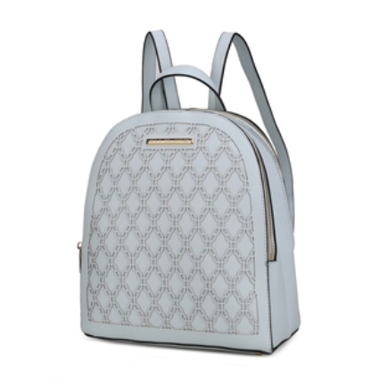 Light blue backpack with a patterned front, featuring a gold logo plate and dual straps.