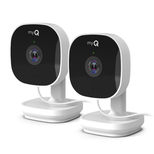Two myQ indoor security cameras with a sleek black front and white base, featuring visible lenses and wired connections.