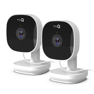 Two myQ indoor security cameras with a sleek black front and white base, featuring visible lenses and wired connections.