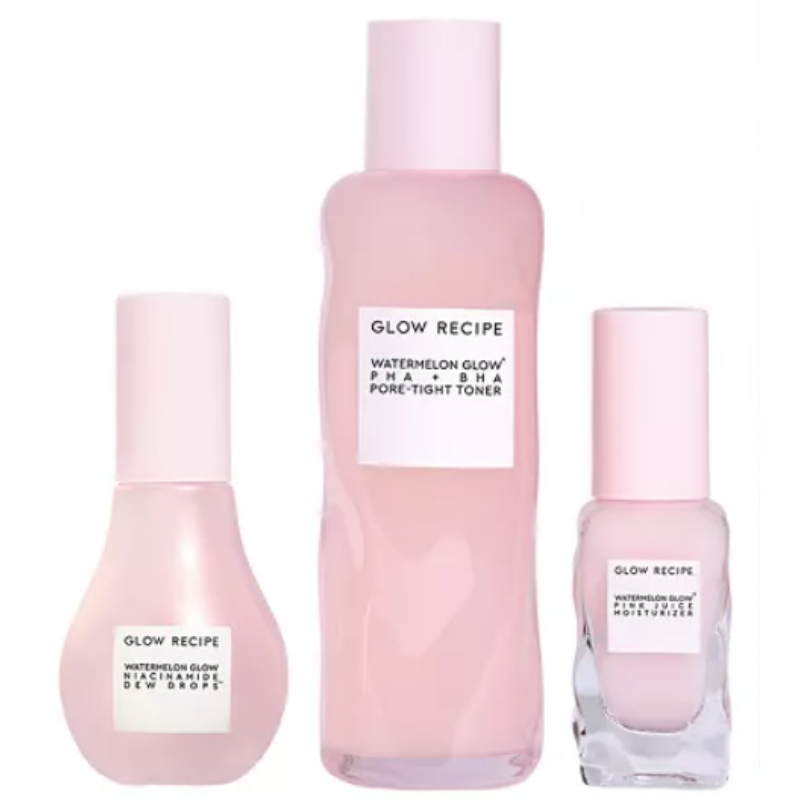 Glow Recipe Watermelon Glow Icons set includes Watermelon Glow PHA + BHA Pore-Tight Toner, Watermelon Glow Niacinamide Dew Drops, and Watermelon Glow Pink Juice Moisturizer, packaged in pastel pink bottles.