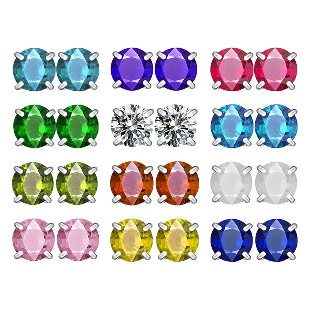 A set of stud earrings featuring various colored gemstones, including blue, purple, red, green, clear, orange, white, pink, yellow, and dark blue, all in silver prong settings.