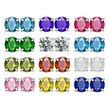A set of stud earrings featuring various colored gemstones, including blue, purple, red, green, clear, orange, white, pink, yellow, and dark blue, all in silver prong settings.