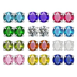 A set of stud earrings featuring various colored gemstones, including blue, purple, red, green, clear, orange, white, pink, yellow, and dark blue, all in silver prong settings.