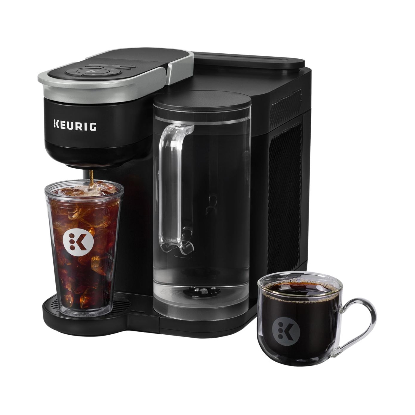 Keurig Brew & Chill Brewer is a combo coffee maker with a large water reservoir, featuring options for both hot and iced coffee. It includes a clear glass and a transparent tumbler, showcasing its functionality.