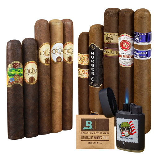 A variety pack including 10 cigars from brands like Oliva and Rocky Patel, a Boveda humidity control packet, and a torch lighter with a patriotic design, ensuring freshness and convenience for cigar enthusiasts.