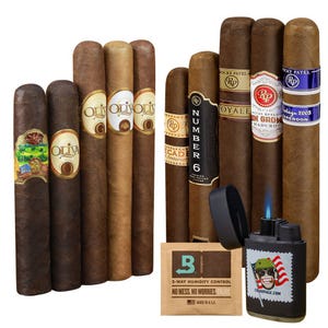 A variety pack including 10 cigars from brands like Oliva and Rocky Patel, a Boveda humidity control packet, and a torch lighter with a patriotic design, ensuring freshness and convenience for cigar enthusiasts.