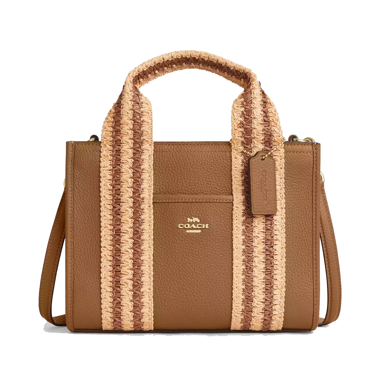 Coach brown leather tote with cream and brown woven handles, featuring gold branding and a detachable leather tag.