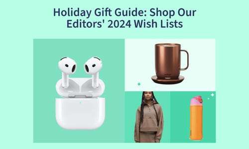 a collection of editors picks featuring a pair of airpods, a mug, a brown sweater, and an orange water bottle on a green background