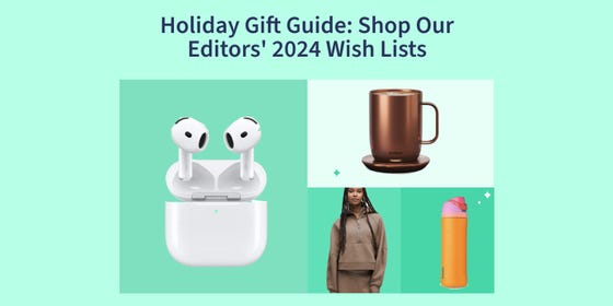 a collection of editors picks featuring a pair of airpods, a mug, a brown sweater, and an orange water bottle on a green background