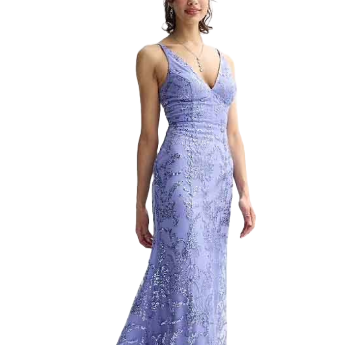 A sleeveless lavender gown with a V-neckline, featuring intricate glitter detailing. The fabric has a textured appearance, and the dress has a fitted silhouette that extends to a slight flare at the bottom, emphasizing elegance.