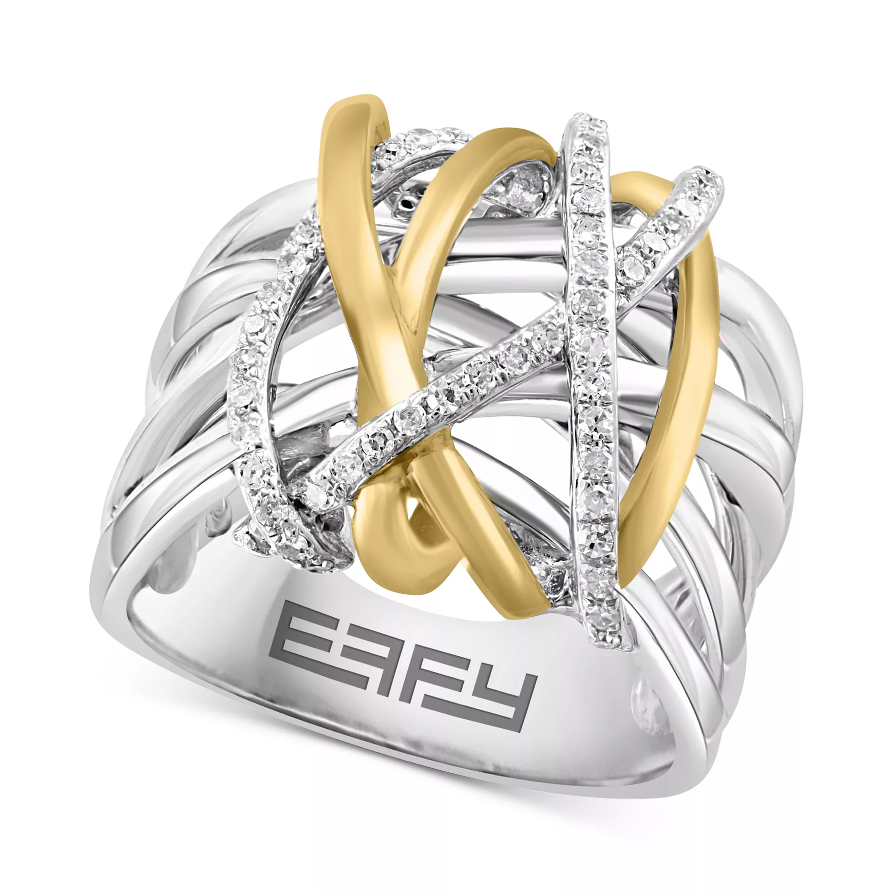 A silver and gold crisscross ring with diamond embellishments, featuring the EFFY logo engraved inside.