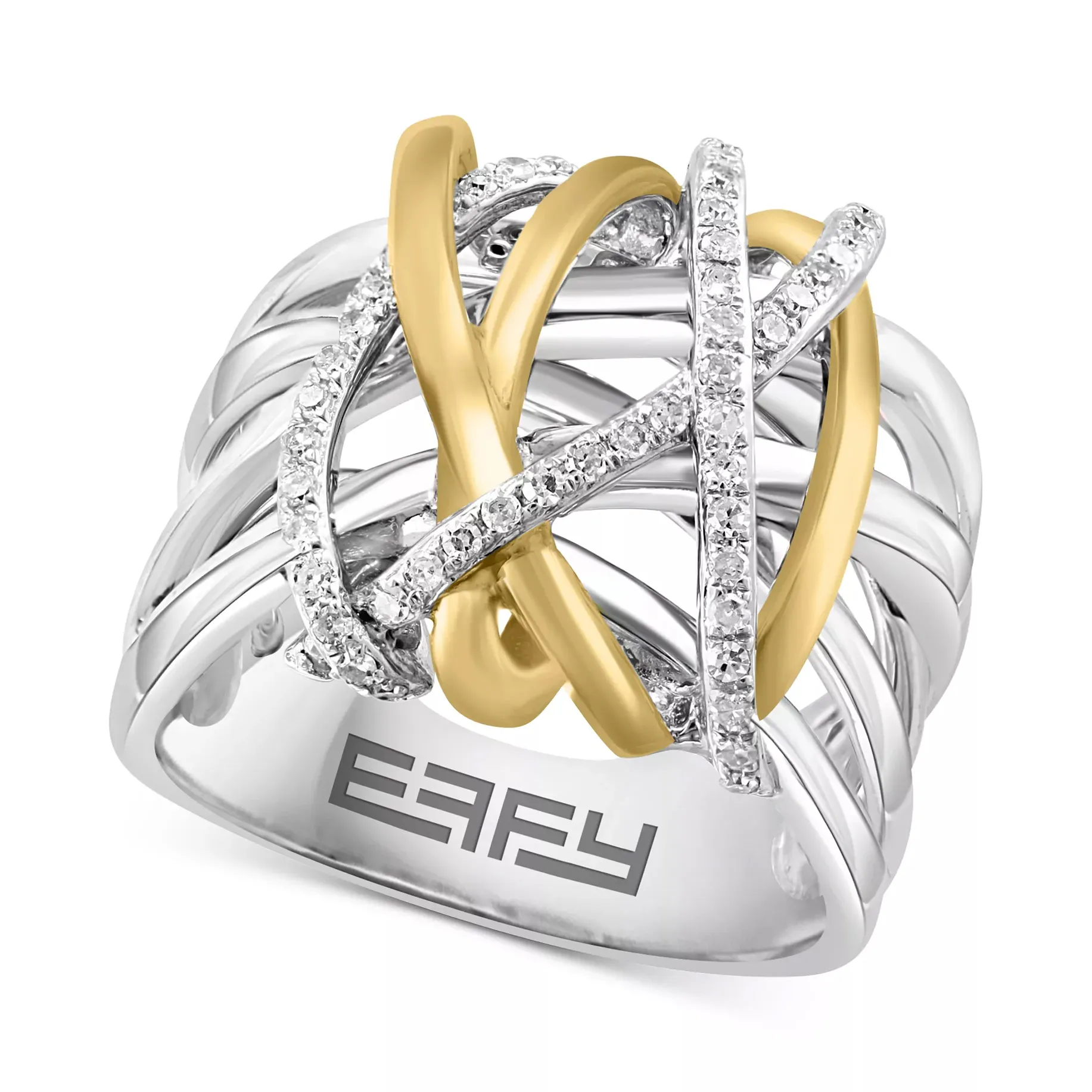 A silver and gold crisscross ring with diamond embellishments, featuring the EFFY logo engraved inside.