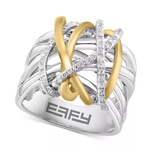A silver and gold crisscross ring with diamond embellishments, featuring the EFFY logo engraved inside.