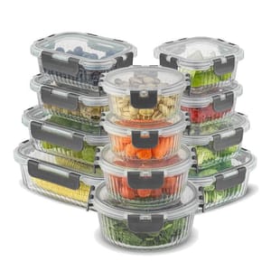 12pk JoyJolt Food Containers feature rectangular and round clear containers with secure grey locking lids. They are filled with various items like fruits, vegetables, and nuts, suitable for food storage and organization.