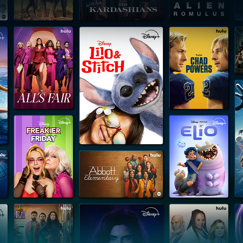 The image shows posters for shows and movies including \“Lilo & Stitch,\“ \“All's Fair,\“ \“Chad Powers,\“ \“Elio,\“ \“Freakier Friday,\“ and \“Abbott Elementary\“ on Disney+ and Hulu.