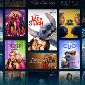 The image shows posters for shows and movies including \“Lilo & Stitch,\“ \“All's Fair,\“ \“Chad Powers,\“ \“Elio,\“ \“Freakier Friday,\“ and \“Abbott Elementary\“ on Disney+ and Hulu.