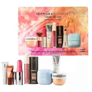 Sephora Favorites Vacay All Day kit includes sun-ready beauty items: lip balm, setting spray, sunscreen, blush stick, easy bake powder, lip gloss, laneige cream, and glow skin cream.