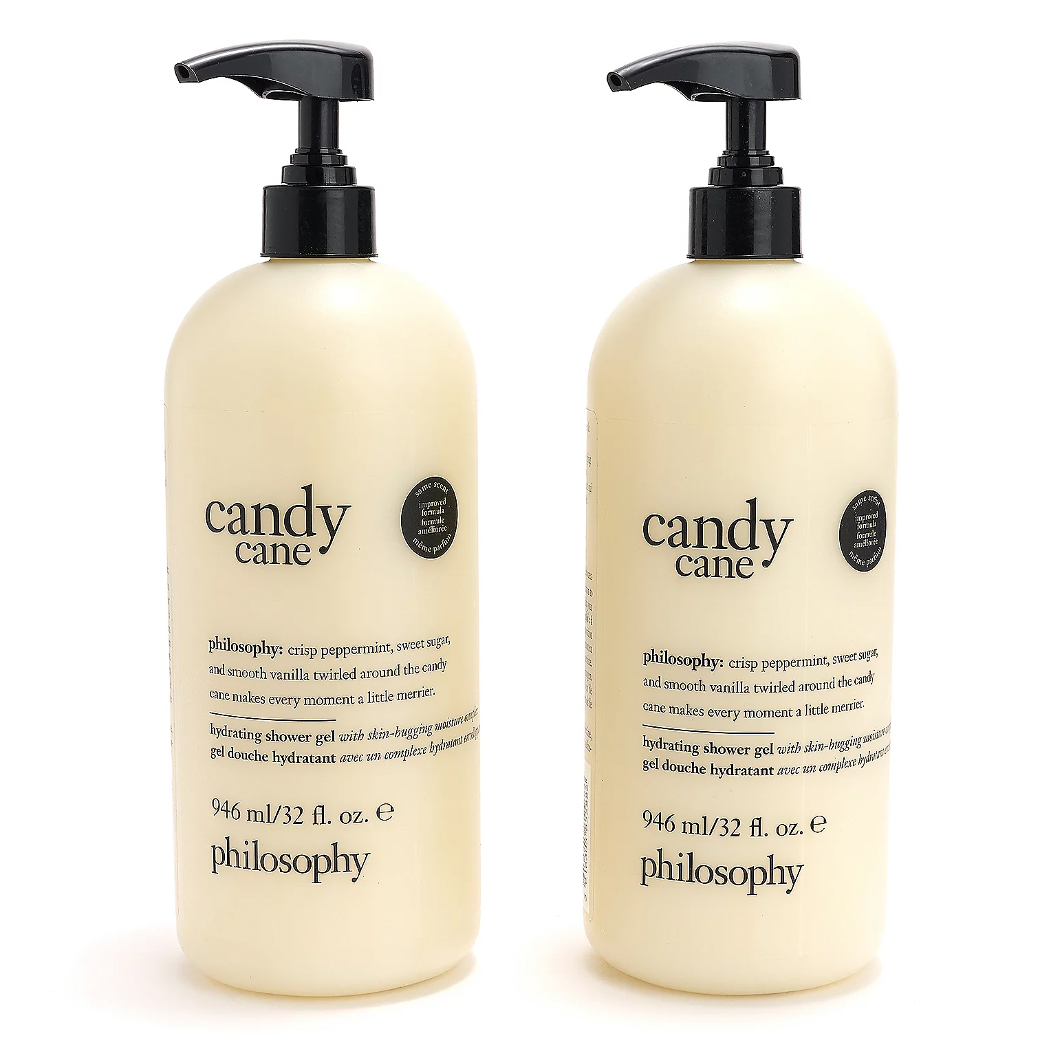 Two bottles of Philosophy Candy Cane hydrating shower gel, each 946 ml (32 fl. oz.), featuring a crisp peppermint, sweet sugar, and smooth vanilla scent.