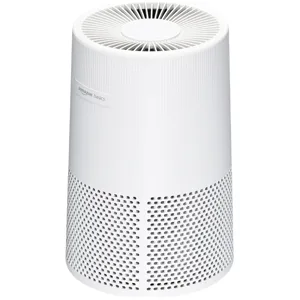 Amazon Basics air purifier in a white cylindrical design with a vented top and perforated sides.