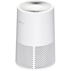 Amazon Basics air purifier in a white cylindrical design with a vented top and perforated sides.