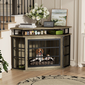 Corner wooden dog crate with black metal bars, topped with decorative items like flowers, canned goods, and a speaker. Inside, a beagle rests comfortably on a cushion.