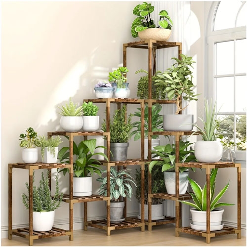 A tiered wooden plant stand showcases various potted plants near a window, creating a stepping arrangement with greenery in white and gray pots.