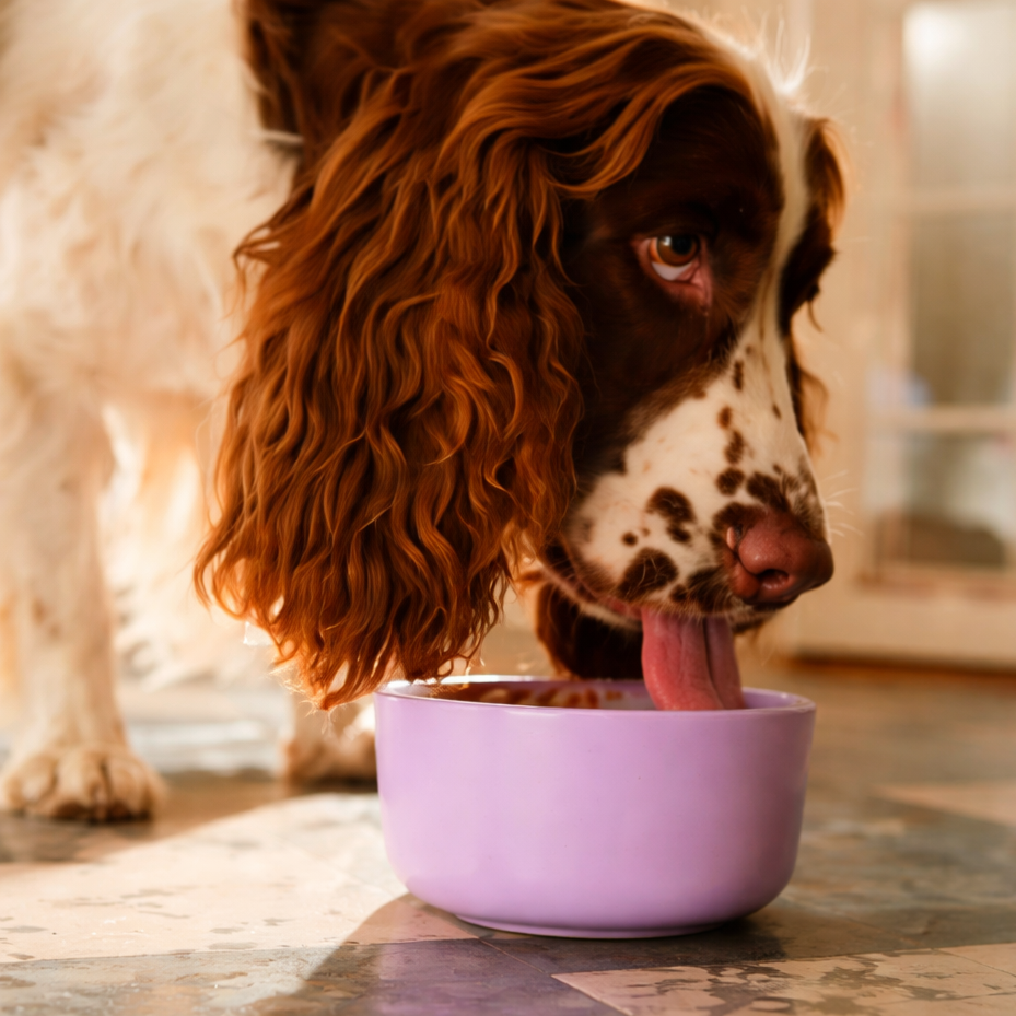 A dog drinks from a purple bowl on a tiled floor.