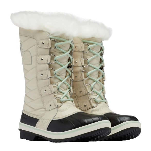 Tan and black winter boots with white faux fur lining and light blue laces, featuring a quilted design and sturdy soles for cold weather.