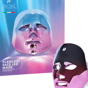 Secret Collagen Flawless Face LED Mask, a cordless and touch screen device, is shown next to its packaging.