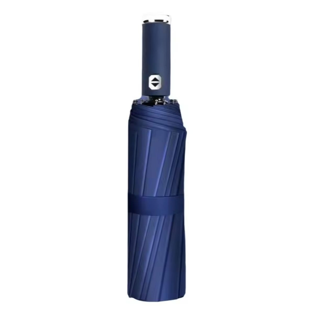 A compact blue umbrella with a sleek design and a button on the handle for automatic opening and closing.