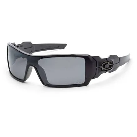 Rectangular black sunglasses with wide temples and dark lenses, featuring a distinctive logo on the side.