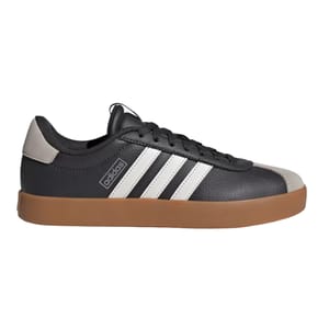 Black Adidas Cushioned Court Shoes with white stripes and a gum sole, featuring a low-profile design with a lace-up closure and gray accents on the heel and toe.
