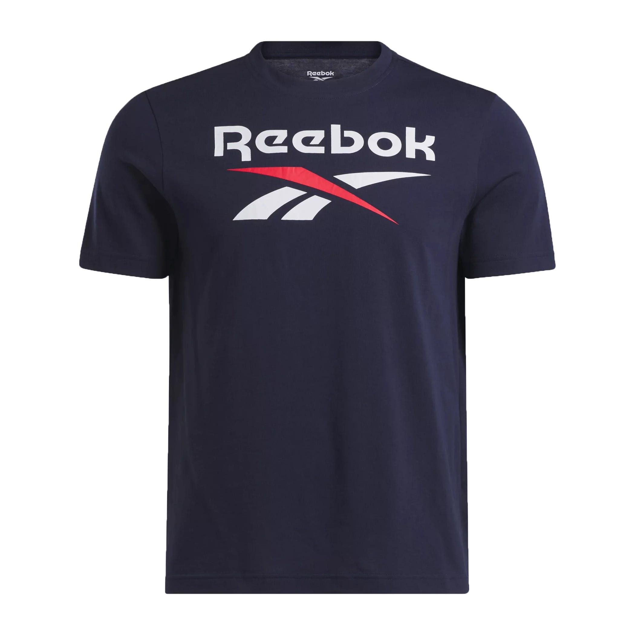 A navy blue Reebok t-shirt featuring the brand logo in white and red on the chest.