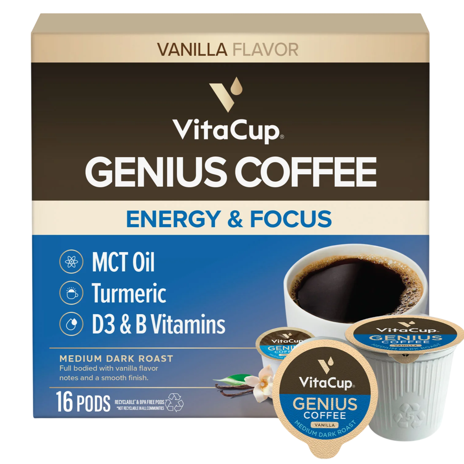 VitaCup Genius Coffee, Vanilla Flavor, features MCT Oil, Turmeric, and D3 & B Vitamins for energy and focus. Includes 16 pods of medium dark roast with vanilla notes.