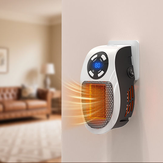 A compact wall-mounted electric space heater with LED display and control buttons is plugged into an outlet, emitting warm air.