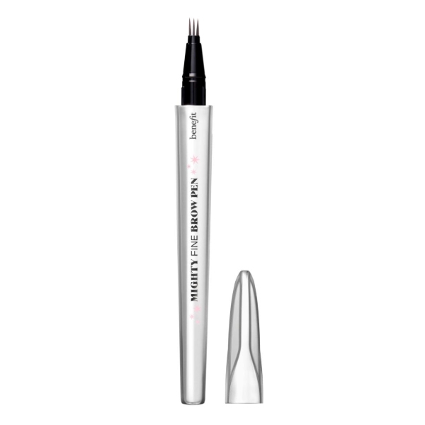 Benefit Cosmetics Mighty Fine Brow Pen features a sleek silver design with a precise multi-pronged tip for detailed brow application.