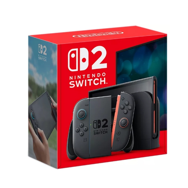 Box showing the \“Nintendo Switch 2,\“ featuring a gaming console with detachable controllers and a dock, in a compact, red packaging with the logo and a glimpse of the portable screen.