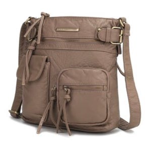 A taupe crossbody bag with multiple compartments, including a front flap pocket, zippered pocket, and adjustable strap, designed for versatility with a structured, textured finish.