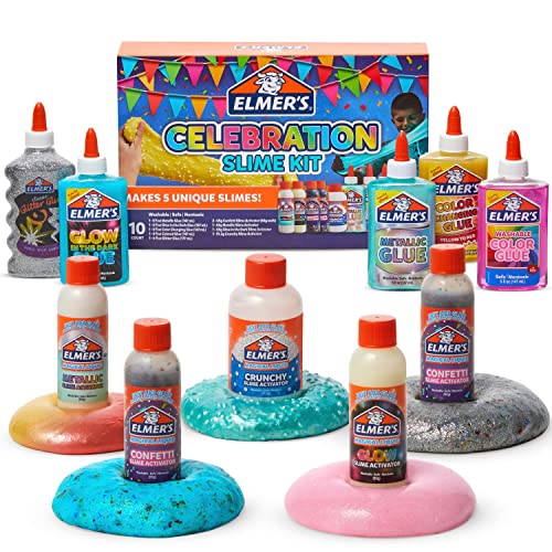 Elmer's Celebration Slime Kit with five bottles of glue in various colors and finishes, including glow-in-the-dark and confetti, accompanied by several pre-made slime samples.