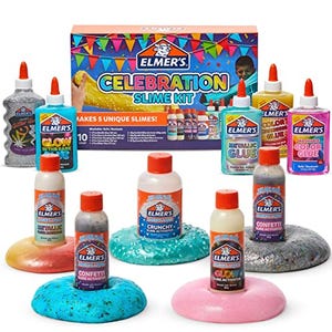Elmer's Celebration Slime Kit with five bottles of glue in various colors and finishes, including glow-in-the-dark and confetti, accompanied by several pre-made slime samples.
