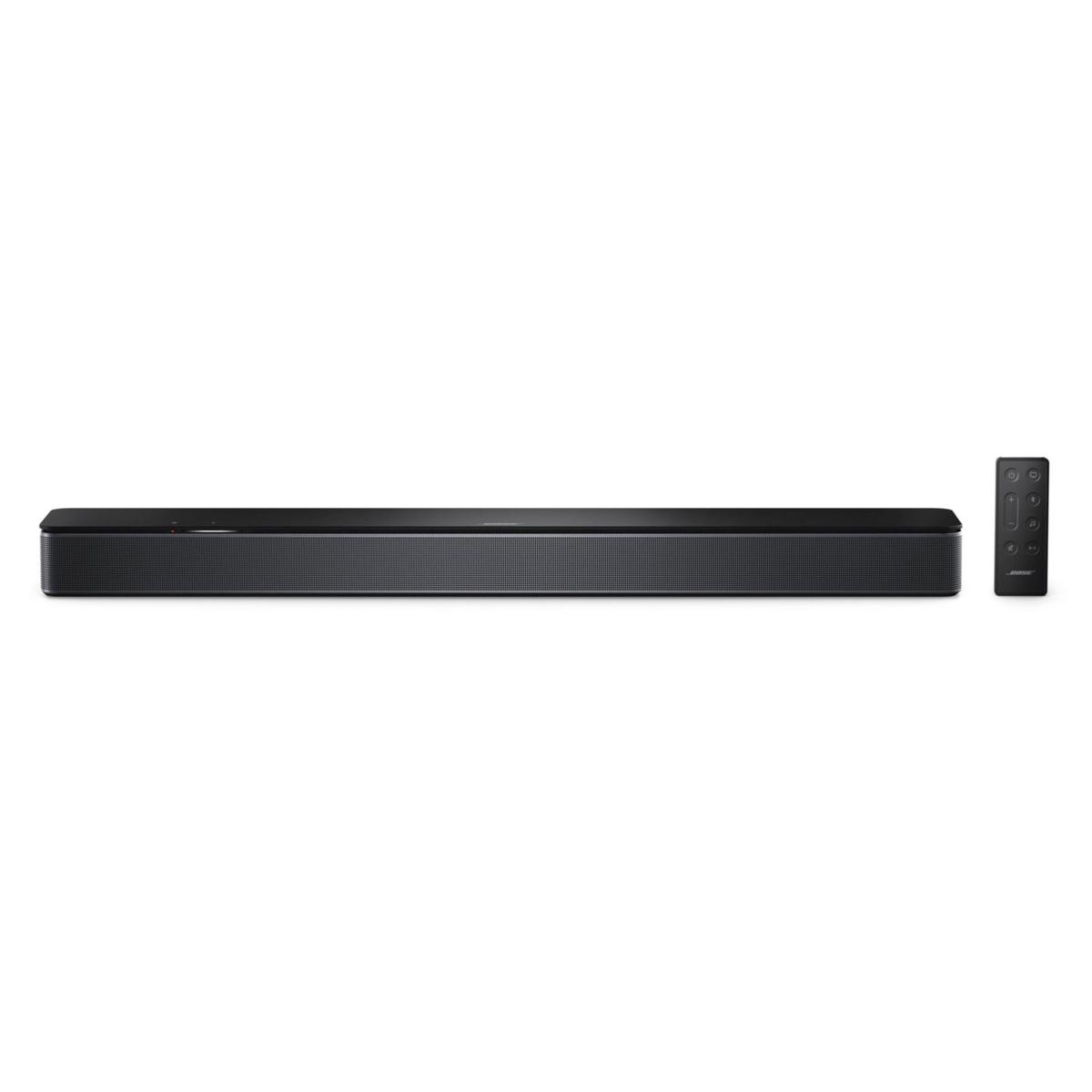 A sleek black soundbar with a minimalist design accompanied by a remote control, featuring the distinct Bose branding.